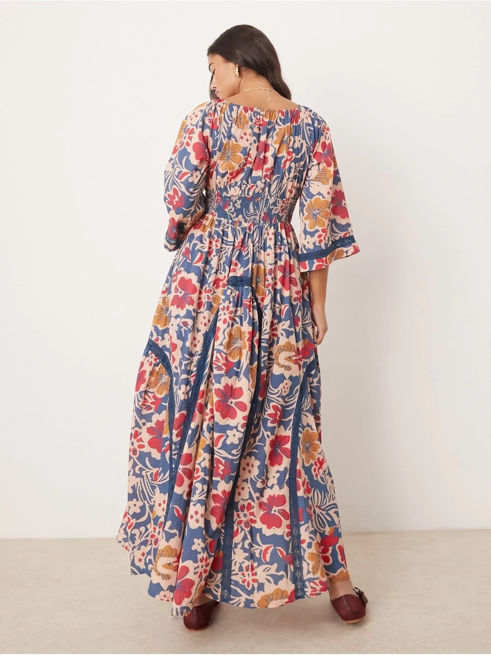 Free People Bohemian Floral Maxi Dress in Blue & Pink
